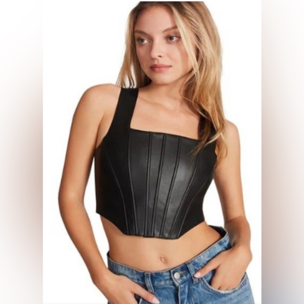 7 For All Mankind Faux Leather Black Smocked Corset. Size S